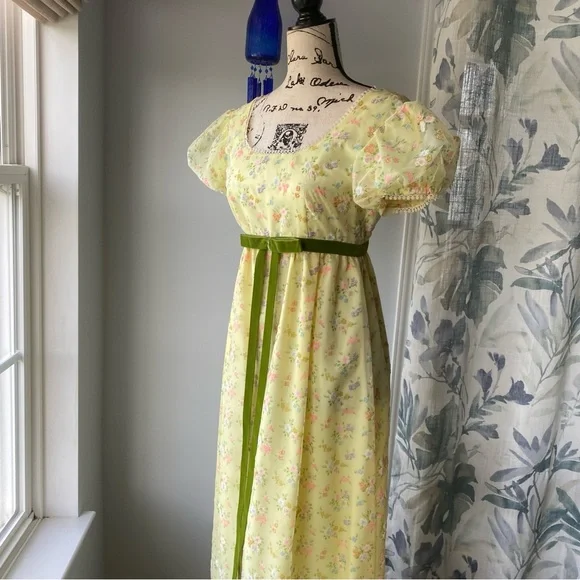 Vintage 1970s Handmade Floral Empire Waist Regency Prairie Formal Prom Dress - Picture 5 of 14